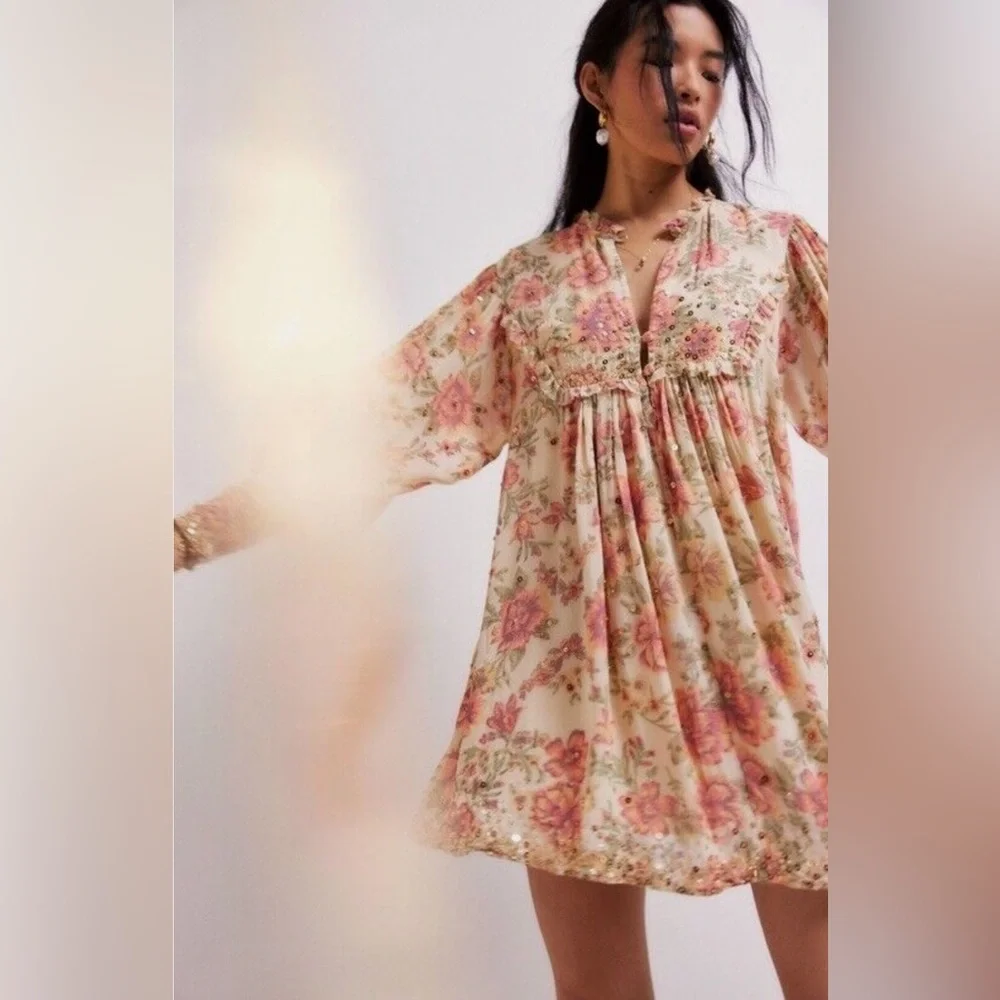 Free People  Hand Beaded Bali Golden Sun Printed Mini Dress SIZE SMALL NWT - Picture 14 of 16